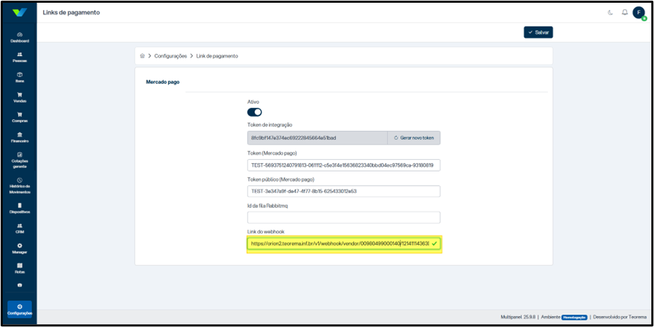 Tela "Links de pagamento > Mercado Pago" no Servidor Orion Horse com toggle Ativo habilitado, campos Token de integração, Token (Mercado pago), Token público (Mercado pago), Id da fila Rabbitmq e campo "Link do webhook" preenchido e destacado