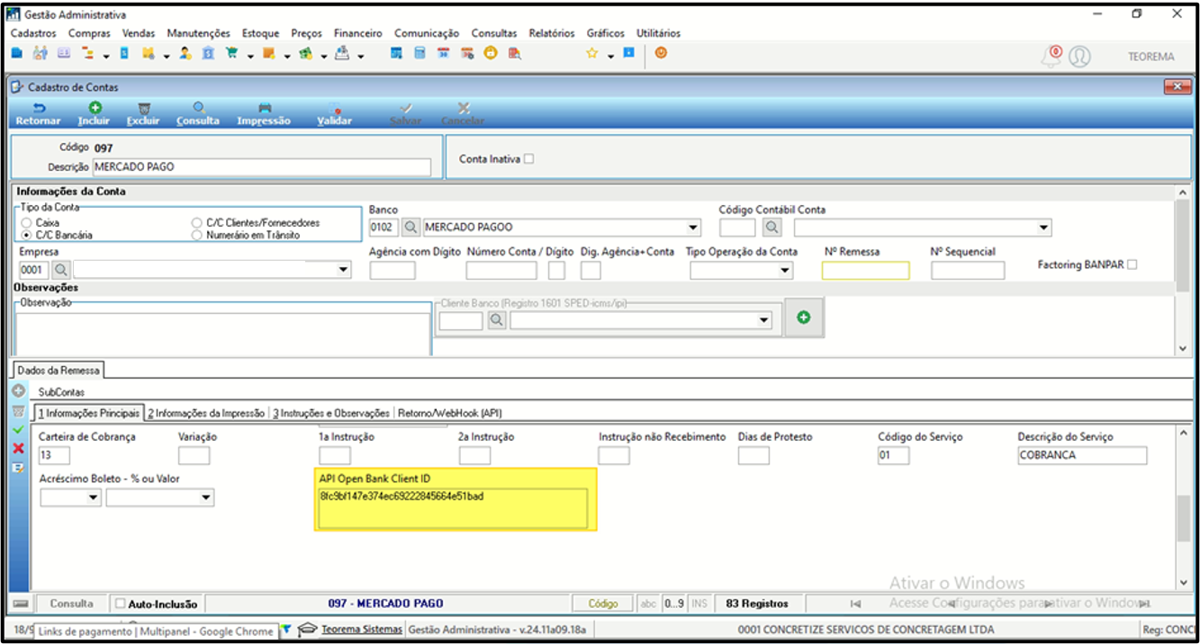 Gestão Administrativa > Cadastro de Contas > aba "Instruções e Observações" com campo "API Open Bank Client ID" preenchido e em destaque. Demais campos visíveis: Carteira de Cobrança/Variação "13", Acréscimo Boleto % ou Valor, Instrução de não recebimento, Dias de Protesto, Código do Serviço "01" e Descrição do Serviço "COBRANÇA"