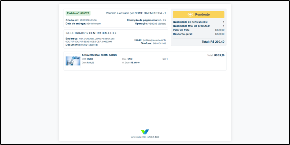 Página do link de pagamento com pedido nº 515570 com status "Pendente", data de criação 18/09/2025, condição de pagamento 02-2X, operação VENDAS (Saídas). Dados da empresa "INDUSTRIA 06.17 CENTRO DIALETO X" com endereço, e-mail gustavo@teorema.inf.br e telefone 84991041938. Produto "AGUA CRYSTAL 500ML S/GGG", SKU 312860, quantidade 1, Vl. Bruto R$ 290,40. Resumo: 1 item único, frete R$ 0,00, desconto R$ 0,00, Total R$ 290,40. Rodapé com logo V3ndor e contato (42)3036-4030