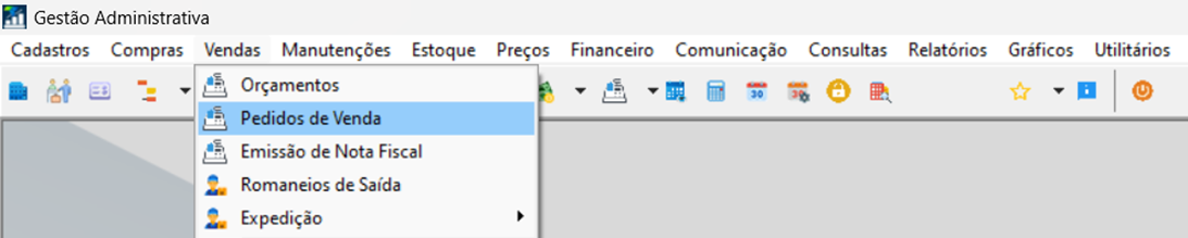 Menu Vendas do módulo Gestão Administrativa com o item Pedidos de Venda selecionado, exibindo também as opções Orçamentos, Emissão de Nota Fiscal, Romaneios de Saída e Expedição