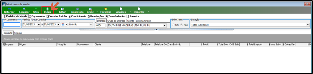 Tela de Movimento de Vendas com barra de ferramentas (Retornar, Localizar, Filtro, Incluir, Editar, Impressão, Grade, Favoritos, Análises, Importar), filtros de período 01/08/2025 a 31/08/2025 e grade de pedidos vazia