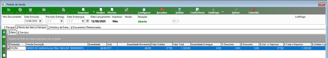 Aba Movto dos Itens e Serviços do Pedido de Venda de remessa exibindo item 016354 FARDO DE MARAVALHA FINA 18KG (NF 00000000001), quantidade 48,00 PCT, quantidade movimento 48,00, valor unitário 27,50, valor total R$ 1.320,00, quantidade entregue 0,00