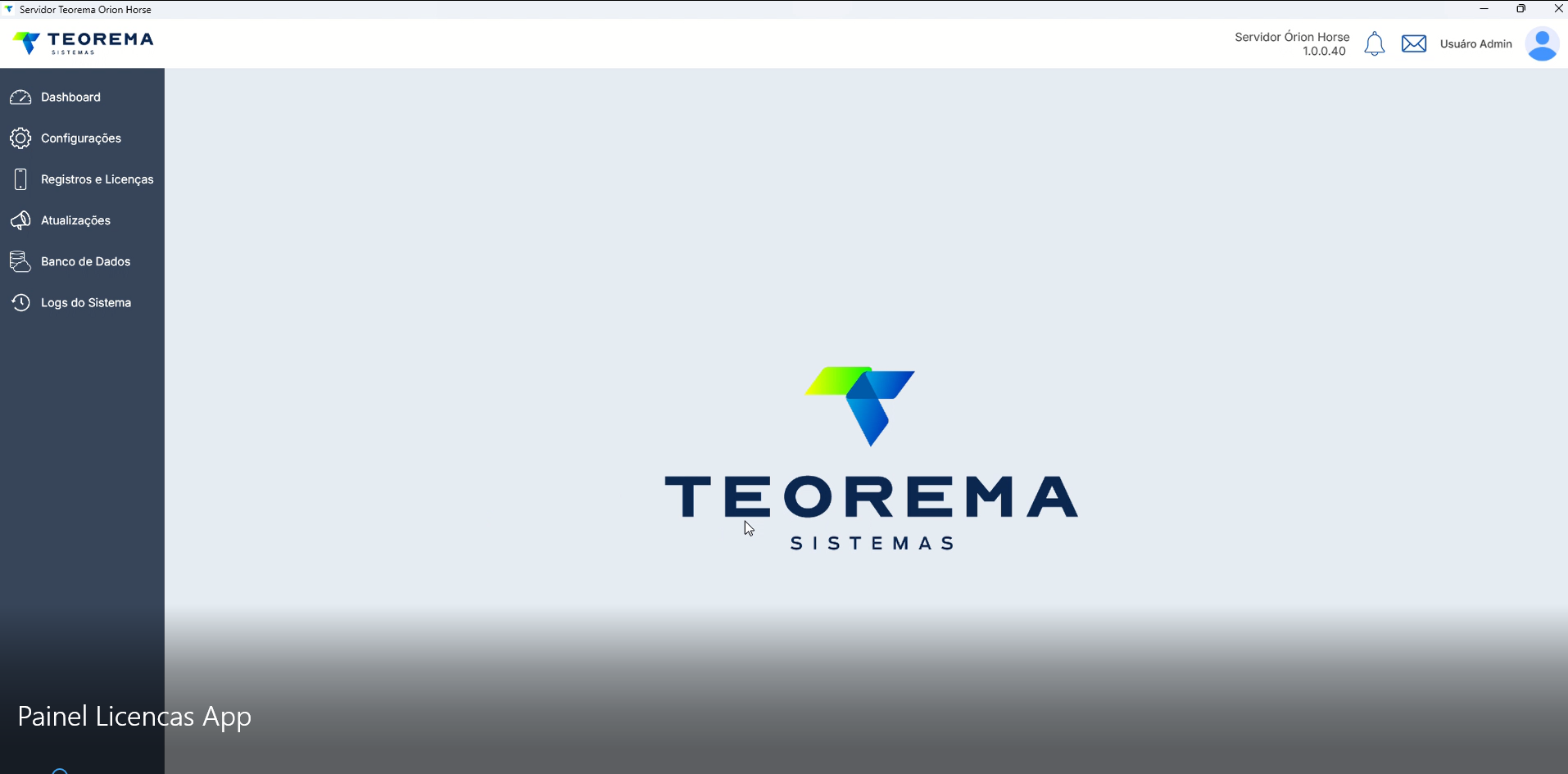Tela inicial do Servidor Teorema Orion Horse com menu lateral exibindo Dashboard, Configurações, Registros e Licenças, Atualizações, Banco de Dados e Logs do Sistema