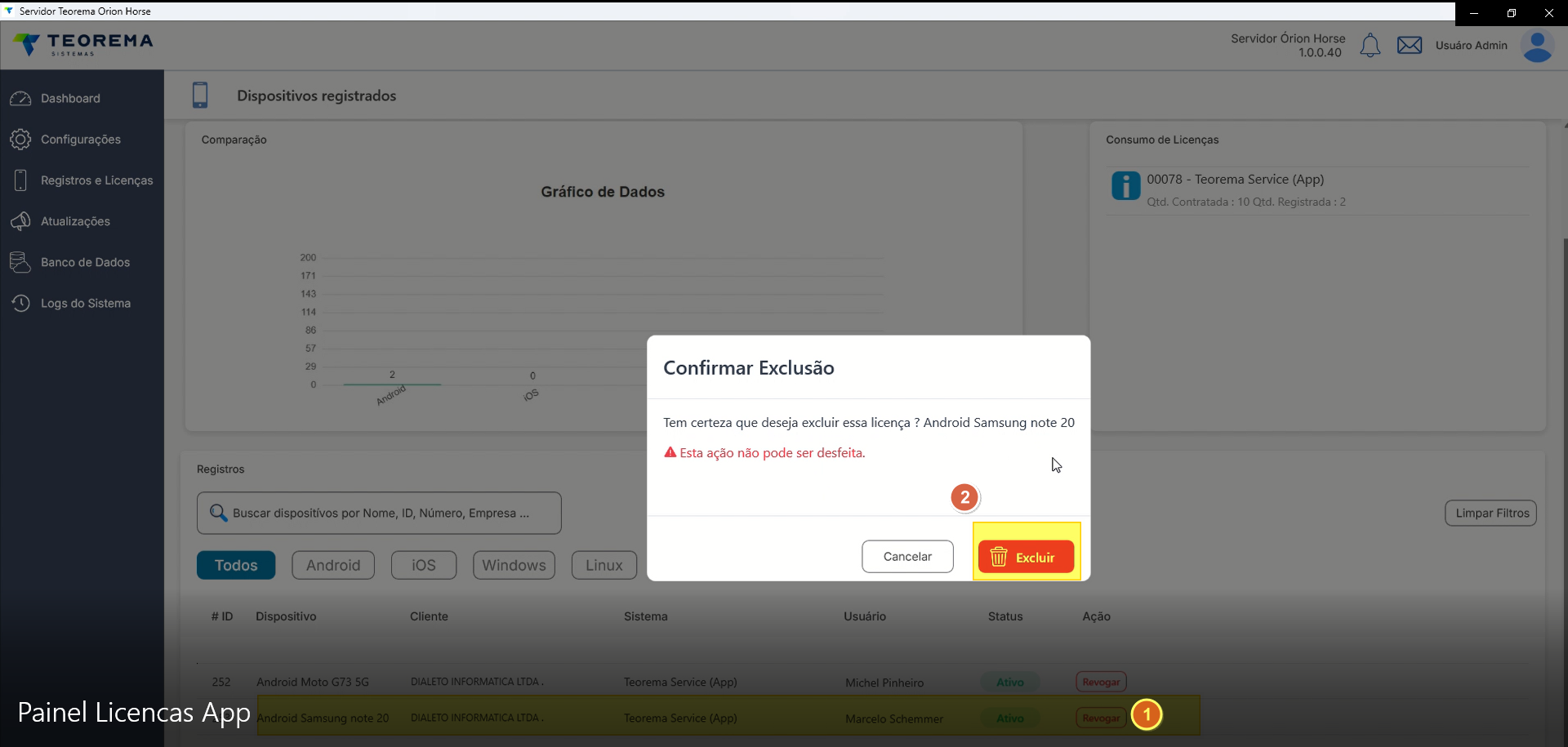 Janela Confirmar Exclusão sobreposta à tela Dispositivos registrados com mensagem de confirmação para excluir a licença do Android Samsung note 20; botões Cancelar e Excluir; Item 2 destacado no botão Excluir