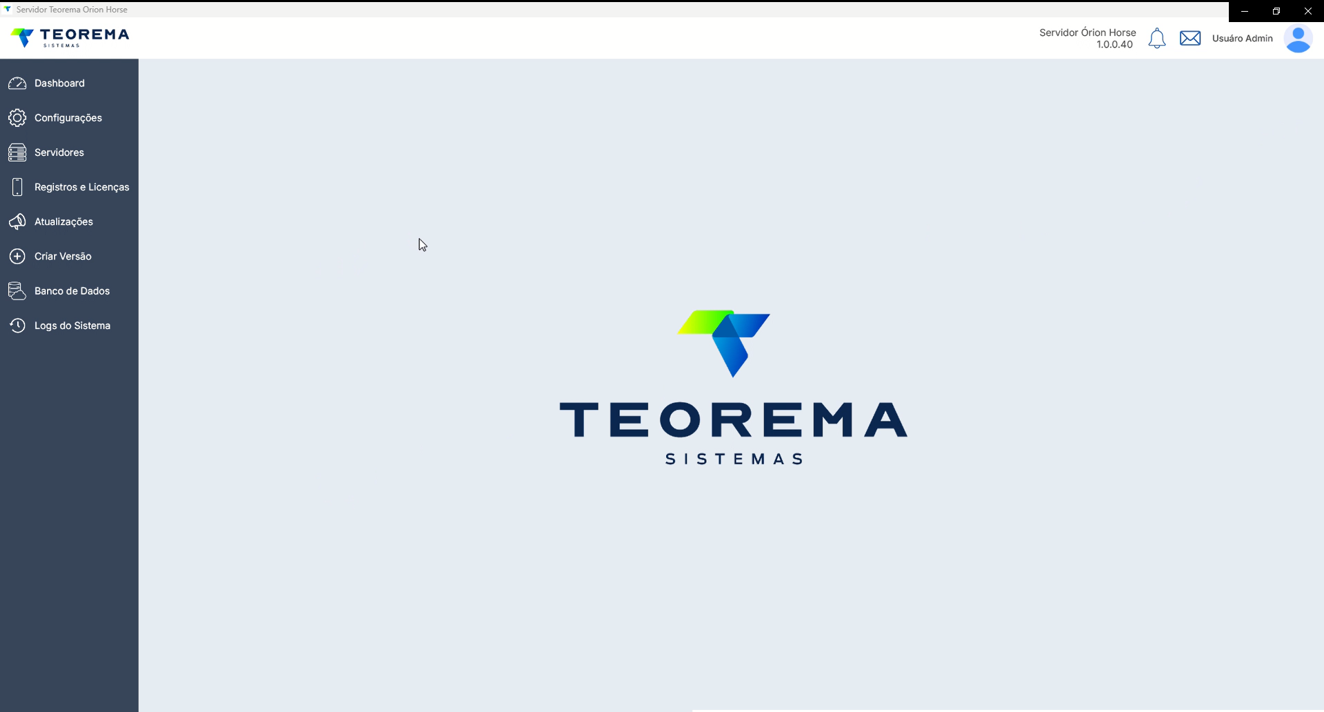 Tela inicial do Servidor Orion Horse no ambiente Aliant com menu lateral exibindo Dashboard, Configurações, Servidores, Registros e Licenças, Atualizações, Criar Versão, Banco de Dados e Logs do Sistema