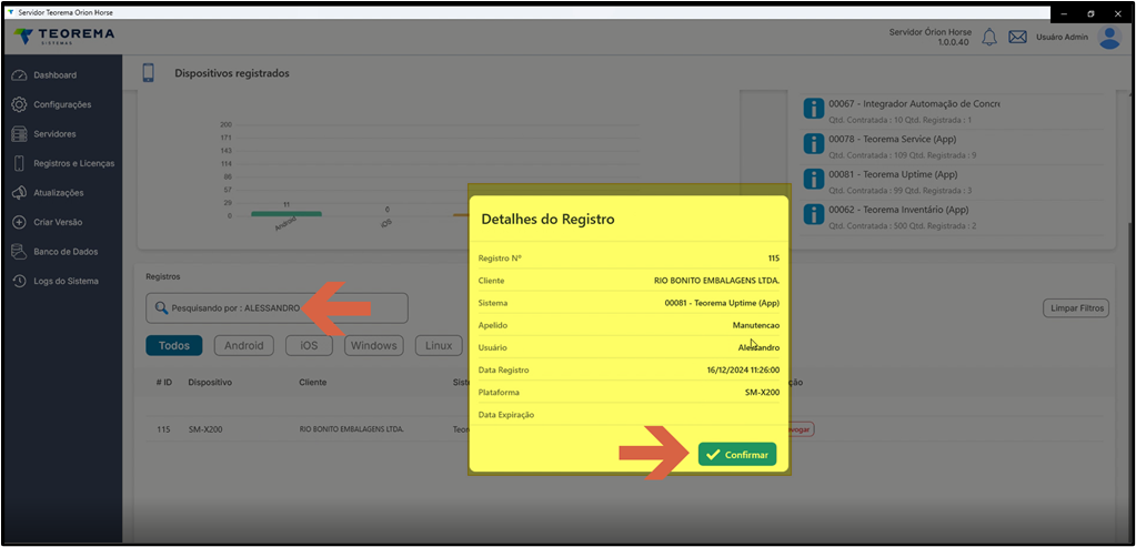 Tela Dispositivos registrados com campo de busca preenchido com ALESSANDRO; janela Detalhes do Registro aberta exibindo Registro Nº 115, Cliente RIO BONITO EMBALAGENS LTDA, Sistema 00081 – Teorema Uptime (App), Apelido Manutencao, Usuário Alessandro, Data Registro 16/12/2024 11:26:00, Plataforma SM-X200, Data Expiração vazio; botão Confirmar em destaque