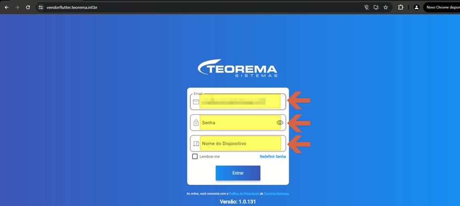 Tela de login do Vendor Flutter com campos Email, Senha e Nome do Dispositivo preenchidos, checkbox Lembrar-me, link Redefinir Senha e botão Entrar; rodapé exibe Versão: 1.0.131