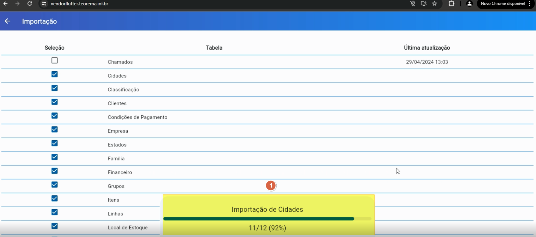 Tela de Importação do Vendor Flutter com lista de tabelas (Chamados, Cidades, Classificação, Clientes, Condições de Pagamento, Empresa, Estados, Família, Financeiro, Grupos, Itens, Linhas, Local de Estoque) e colunas Seleção e Última atualização; popup Importação de Cidades com barra de progresso exibindo 11/12 (92%)