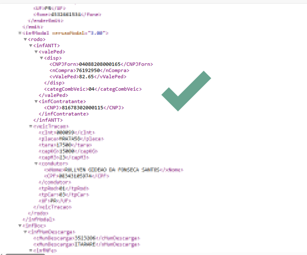 Trecho do XML do MDF-e com tags da seção valePed: CNPJForm 04088208000165, nCompra 76192950, vValePed 82.65, categCombVeic 04; e seção infContratante com CNPJ 81678302000115.