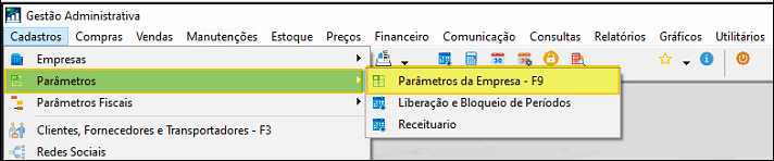 Menu Gestão Administrativa com Cadastros aberto, submenu Parâmetros expandido e opção 