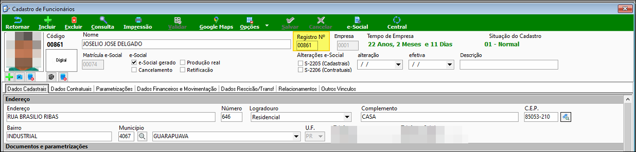 Tela Cadastro de Funcionários com código 00861, nome Joselio Jose Delgado, campo 