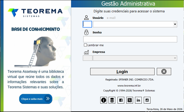 Tela de login do sistema Gestão Administrativa com campos Usuário (e-mail), Senha, Lembrar-me e Empresa, além do botão Login