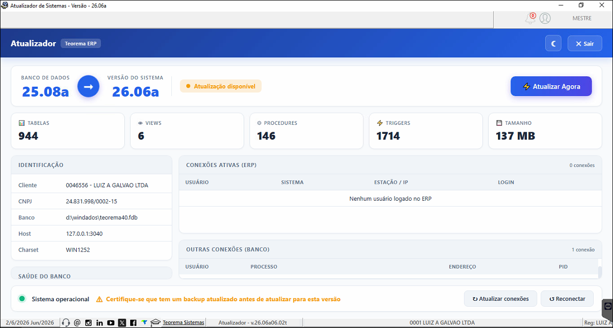 Tela principal do Atualizador exibindo versão atual do banco 25.08a, versão de destino 26.06a, indicador 