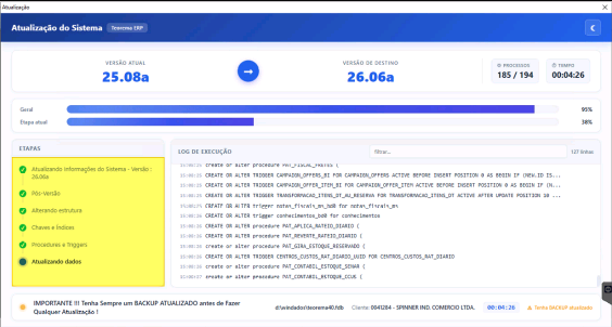 Tela de Atualização do Sistema em execução, com barra de progresso Geral em 95% e Etapa atual em 36%, painel de Etapas com itens marcados à esquerda e Log de Execução com scripts SQL à direita; contador 185/194 processos e tempo 00:04:26