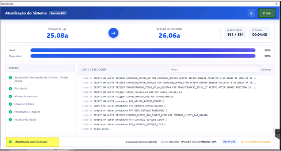 Tela de Atualização do Sistema com barras de progresso Geral e Etapa atual em 100%, todas as etapas concluídas no painel esquerdo, Log de Execução completo com 128 linhas, mensagem 