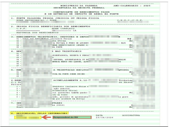 Comprovante de Rendimentos com a seção "A – Responsável pelas Informações" destacada em amarelo, exibindo os campos "Responsável do RH" e "Assinatura"