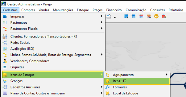Menu Gestão Administrativa — Cadastros > Itens de Estoque > Itens — F2 destacado em verde