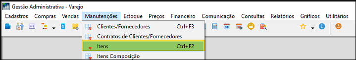 Menu Gestão Administrativa — Manutenções com opção Itens (Ctrl+F2) destacada em verde