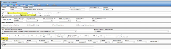 Cadastro de Empresas — aba DSR/GPS/SEFIP/eSocial com seção GPS exibindo campos de terceiros: % INSS, % Terceiros, % RAT, % FGTS, % Isenfçamp Tipo, Gerar CAGED, Nº Contratos, Informação — sem os campos % SESC e % SENAC