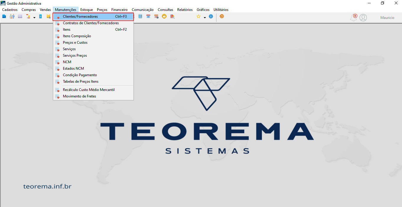 Menu Manutenções do módulo Gestão Administrativa com o item 