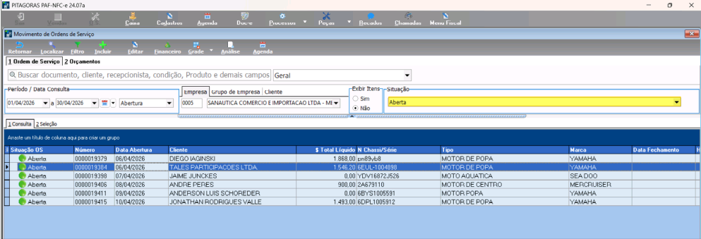 Tela Movimento de Ordens de Serviço com lista de OS na situação Aberta, exibindo colunas Situação OS, Número, Data Abertura, Cliente, Total Líquido, Chassi/Série, Tipo e Marca; filtro de situação definido como 