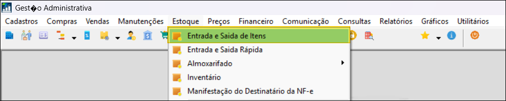 Menu Estoque do módulo Gestão Administrativa com a opção Entrada e Saída de Itens em destaque