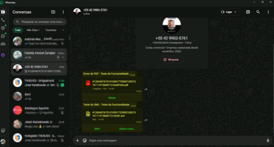 WhatsApp Web mostrando a conversa com o cliente contendo dois arquivos recebidos consecutivamente: o PDF ("Envio de PDF – Teste da Funcionalidade") e o XML ("Envio de XML – Teste da Funcionalidade")