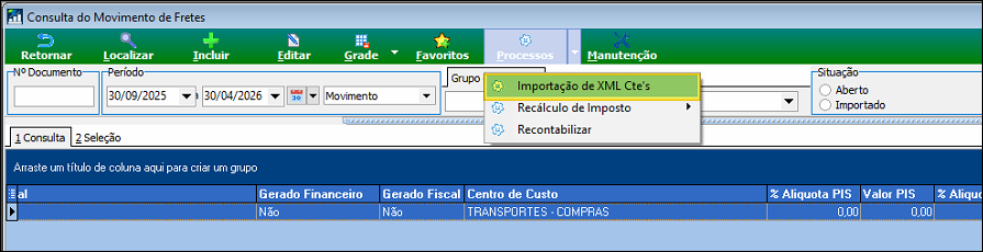 Tela Consulta do Movimento de Fretes com o menu Processos aberto; a opção Importação de XML CT-e's está destacada; outras opções visíveis são Recálculo de Imposto e Recontabilizar