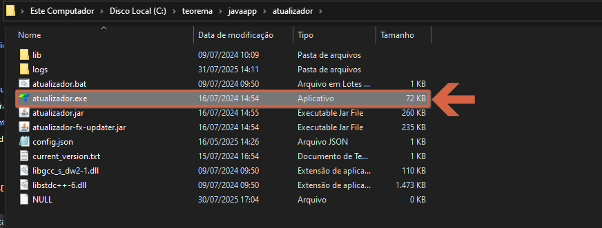 Janela do Explorador de Arquivos na pasta do atualizador, com o arquivo atualizador.exe em destaque
