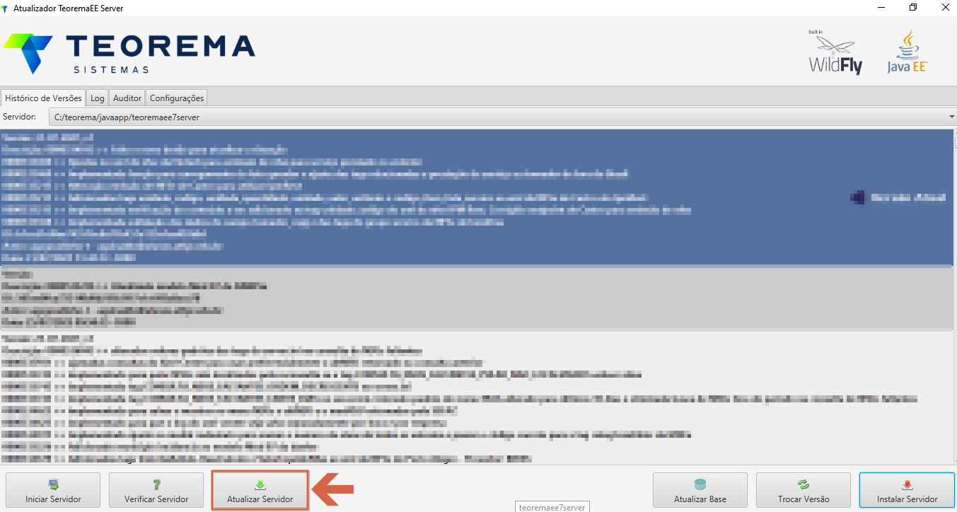 Atualizador TeoremaEE Server com as abas Histórico de Versões, Log, Auditor e Configurações e o botão Atualizar Servidor em destaque