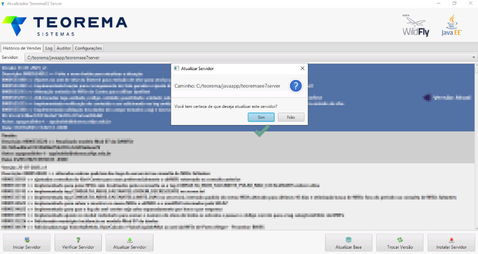 Caixa de confirmação do atualizador para atualizar o servidor no caminho C:/teorema/javaapp/teoremasee7server