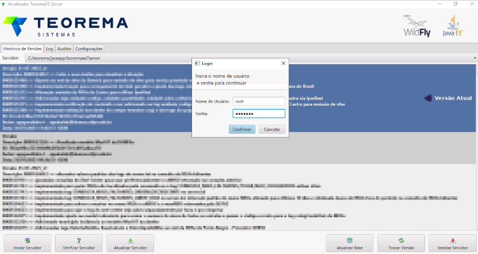 Caixa de login solicitando usuário e senha para iniciar a atualização do servidor