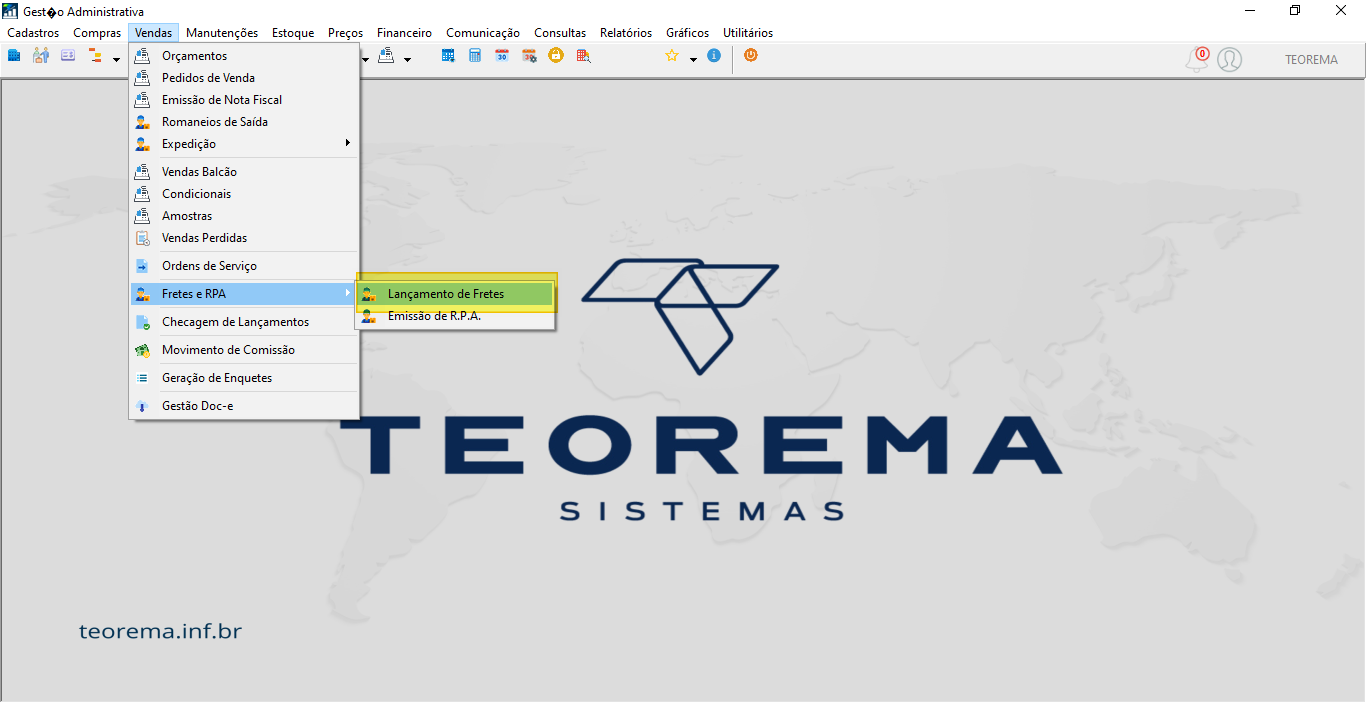 Menu Gestão Administrativa com submenu Vendas expandido, opção Fretes e RPA selecionada e item Lançamento de Fretes destacado
