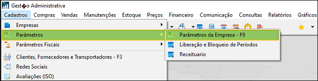 Menu Cadastros > Parâmetros do módulo Gestão Administrativa, com o submenu Parâmetros expandido