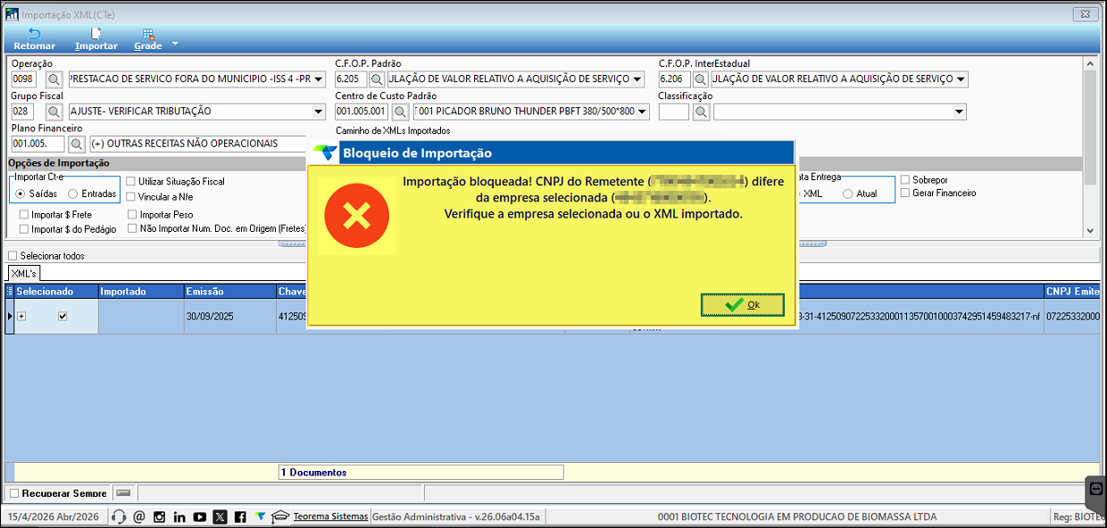Mensagem de bloqueio na importação de XML de CT-e informando que o CNPJ do remetente diverge da empresa logada, impedindo a importação