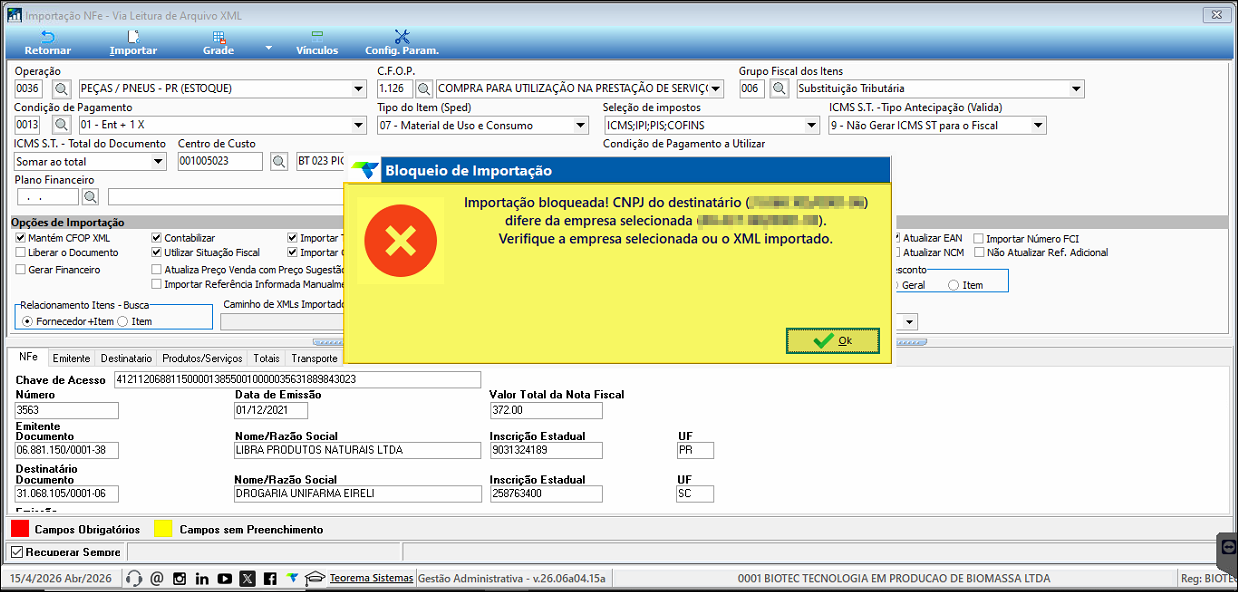 Mensagem de bloqueio na importação de XML de NF-e por divergência de CNPJ em relação à empresa logada