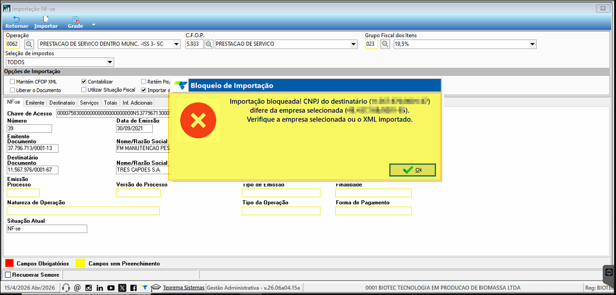 Mensagem de bloqueio na importação de XML de NFS-e por divergência de CNPJ em relação à empresa logada