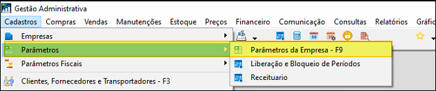 Menu Cadastros > Parâmetros > Parâmetros da Empresa - F9 no módulo Gestão Administrativa