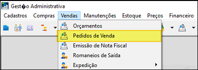 Menu Vendas do módulo Gestão Administrativa com as opções Orçamentos, Pedidos de Venda, Emissão de Nota Fiscal, Romaneios de Saída e Expedição