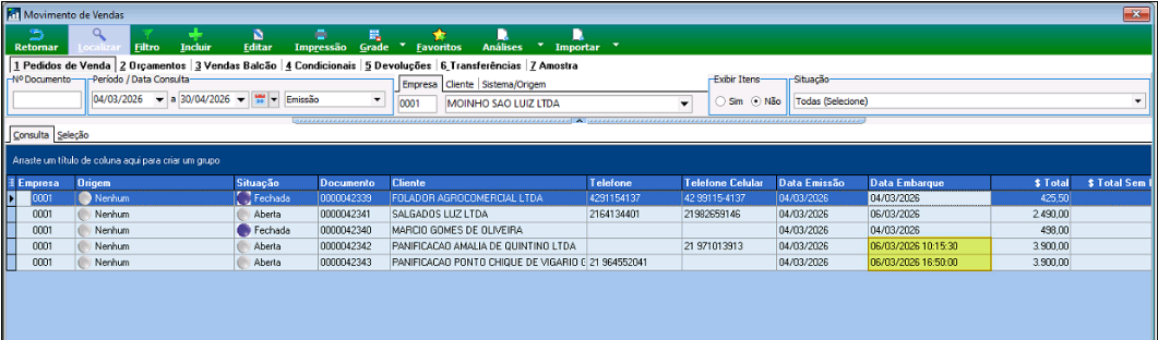 Tela Movimento de Vendas com grid de pedidos exibindo colunas Empresa, Origem, Situação, Documento, Cliente, Telefone, Telefone Celular, Data Emissão e Data Embarque; os dois últimos registros mostram data e hora na coluna Data Embarque
