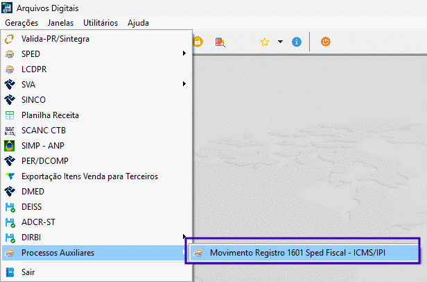 Menu Arquivos Digitais com submenu Gerações > Processos Auxiliares destacando a opção 