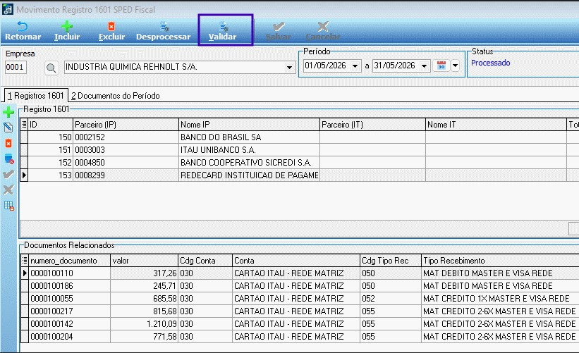 Tela Movimento Registro 1601 SPED Fiscal com status 