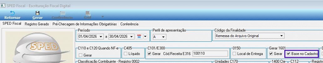 Tela SPED Fiscal - Escrituração Fiscal Digital com o campo 