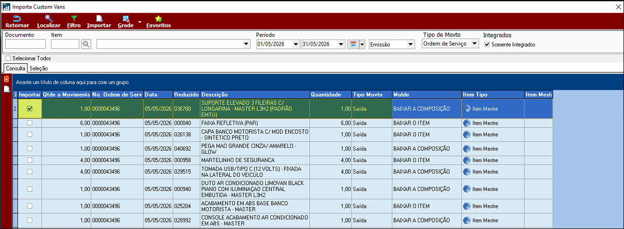 Tela Importa Custom Vans com lista de itens de Ordens de Serviço disponíveis para importação. Filtro de Período de 01/05/2026 a 31/05/2026, Tipo de Movto 