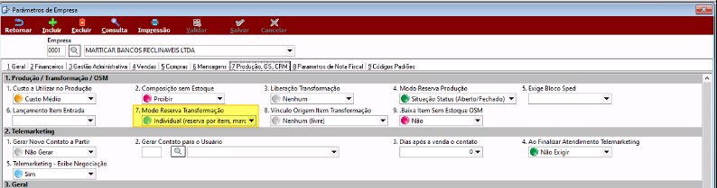 Tela Parâmetros de Empresa — aba 7 Produção, OS, CRM, seção 