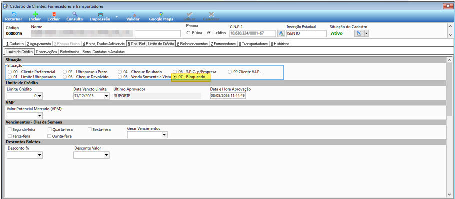 Tela Cadastro de Clientes do cliente 0000015, aba 5 Obs. Ref. Limite de Crédito, subaba Limite de Crédito, seção Situação com a opção 07 Bloqueado selecionada e destacada em amarelo; campos Limite Crédito com valor 0, Data Vecto Limite 31/12/2025, Último Aprovador SUPORTE e Data e Hora Aprovação 08/05/2026 11:44:49