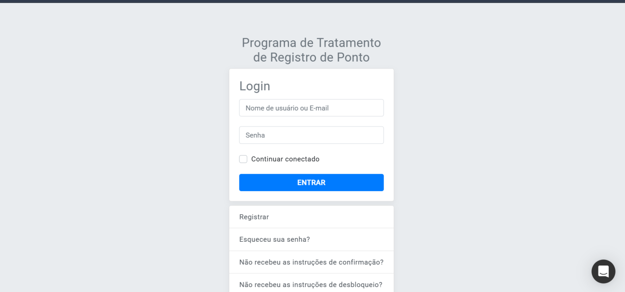 Tela de login do PTRP com título "Programa de Tratamento de Registro de Ponto", campos Nome de usuário ou E-mail e Senha, checkbox Continuar conectado, botão ENTRAR e links Registrar, Esqueceu sua senha, Não recebeu as instruções de confirmação, Não recebeu as instruções de desbloqueio