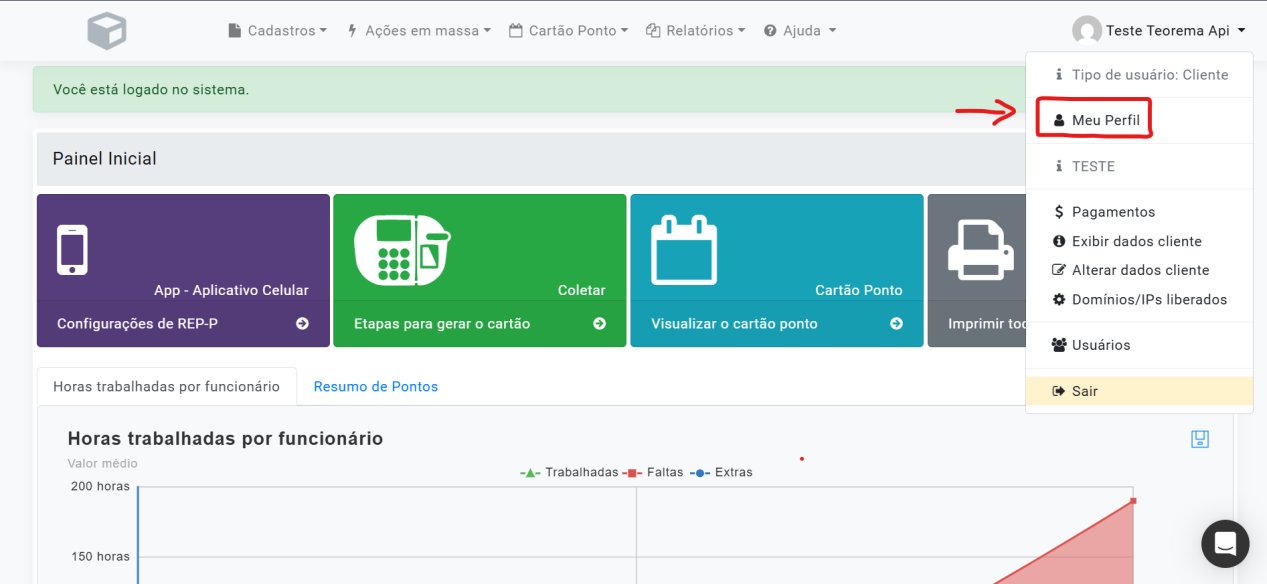 Menu suspenso aberto no Ponto Gestor exibindo as opções: Tipo de usuário: Cliente, Meu Perfil (destacado), TESTE, Pagamentos, Exibir dados cliente, Alterar dados cliente, Domínios/IPs liberados, Usuários, Sair