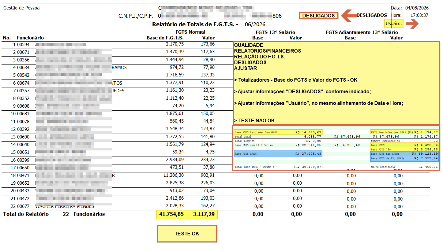 Relatório de Totais do FGTS – Desligados, exibindo dados de 22 funcionários desligados com colunas de base de cálculo, valor de FGTS, FGTS sobre 13º salário e FGTS sobre adiantamento do 13º salário, com totalizadores consolidados