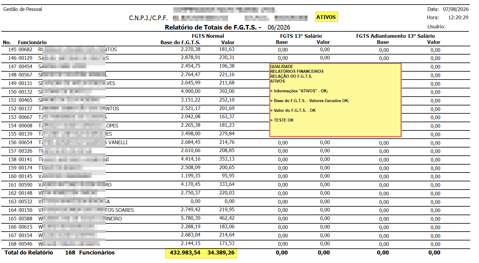 Relatório de Totais do FGTS – Ativos, exibindo dados de 168 funcionários ativos com colunas de base de cálculo, valor de FGTS, FGTS sobre 13º salário e FGTS sobre adiantamento do 13º salário, com totalizadores consolidados